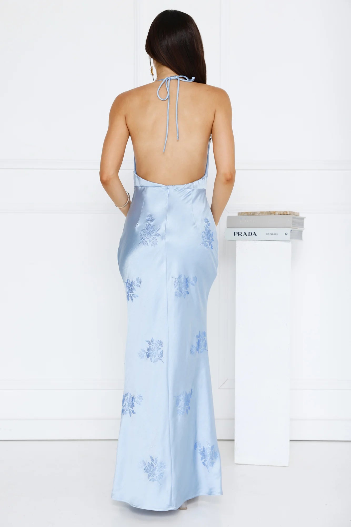 Light Blue Halter Neck Floral Jacquard Mermaid Evening Dresses