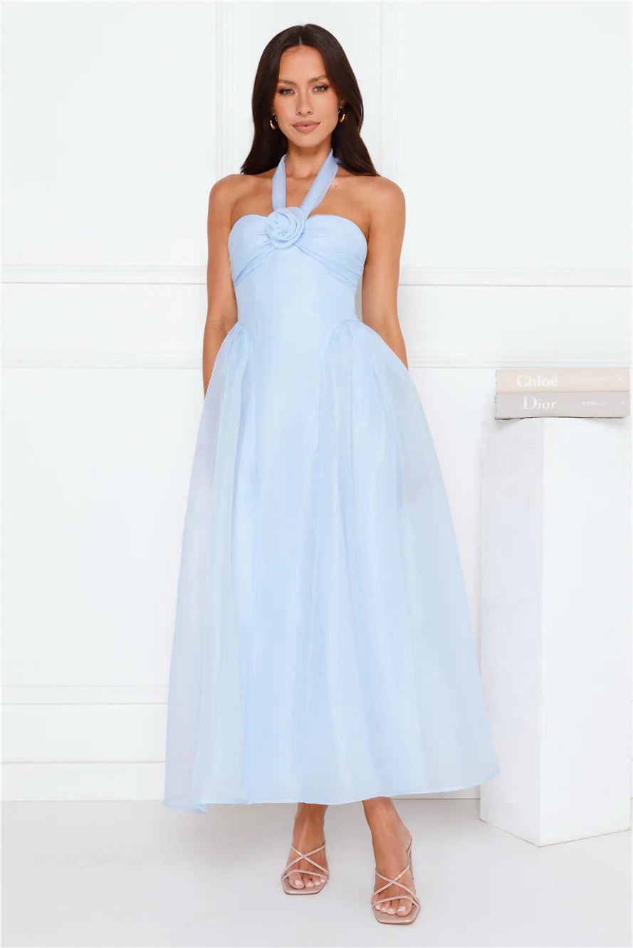 Light Blue Halter Neck Rosette Organza Evening Midi Dress