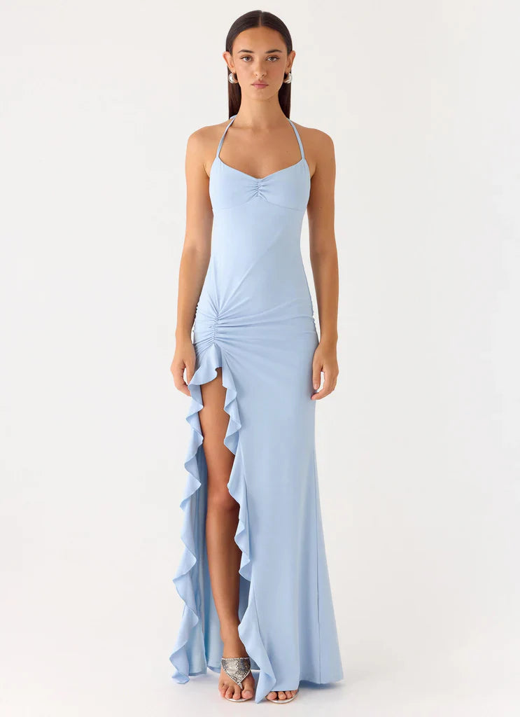 Light Blue Halter Neck Ruched Ruffle Slit Maxi Prom Dress for Formal Weddings and Events