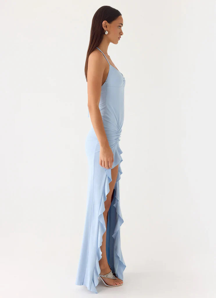 Light Blue Halter Neck Ruched Ruffle Slit Maxi Prom Dress for Formal Weddings and Events