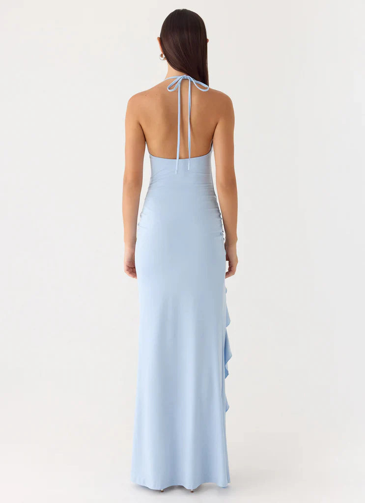 Light Blue Halter Neck Ruched Ruffle Slit Maxi Prom Dress for Formal Weddings and Events