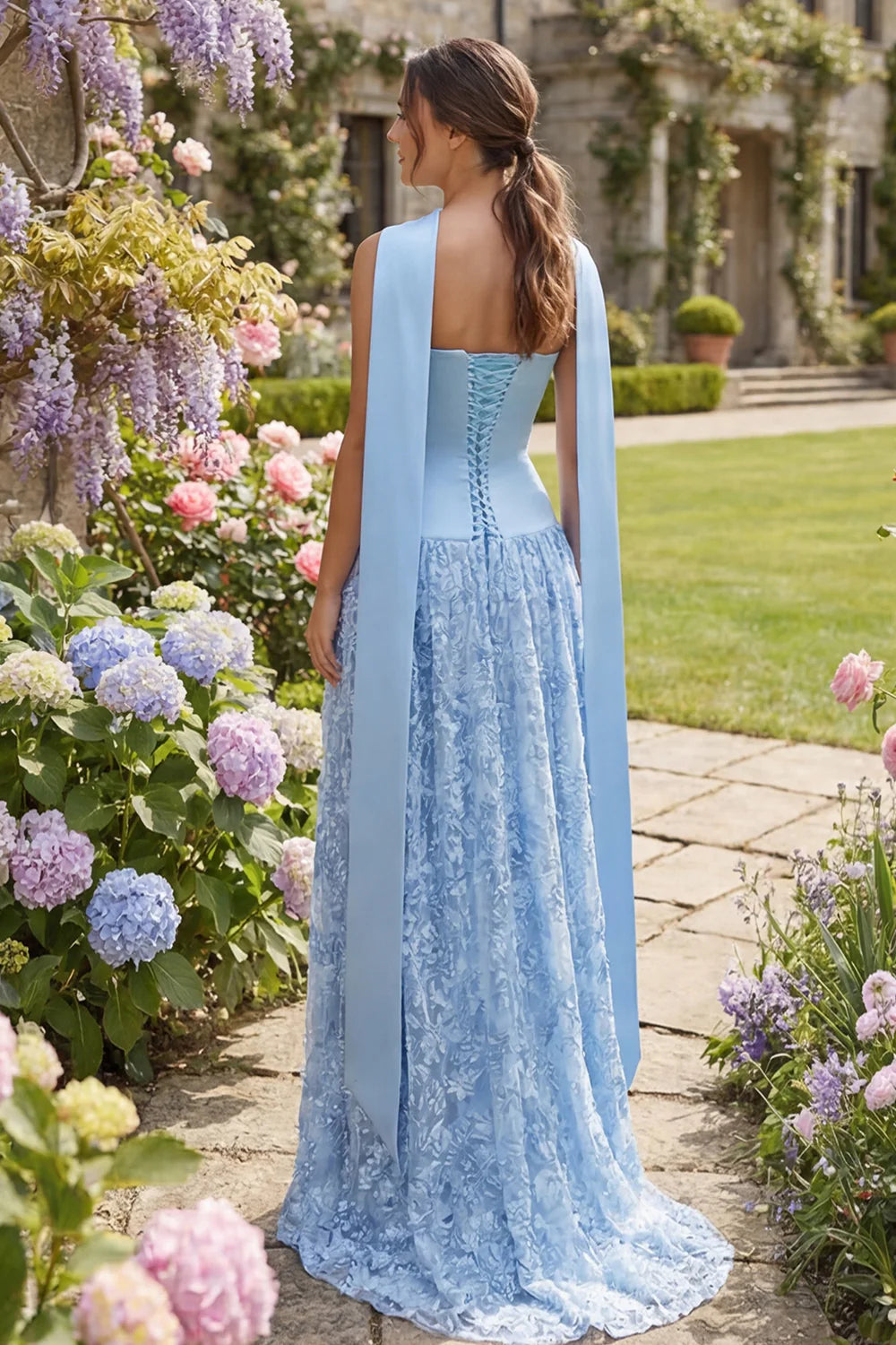 Light Blue Halter Neck Satin Bodice Floral Lace Skirt Maxi Evening Dress with Back Sashes