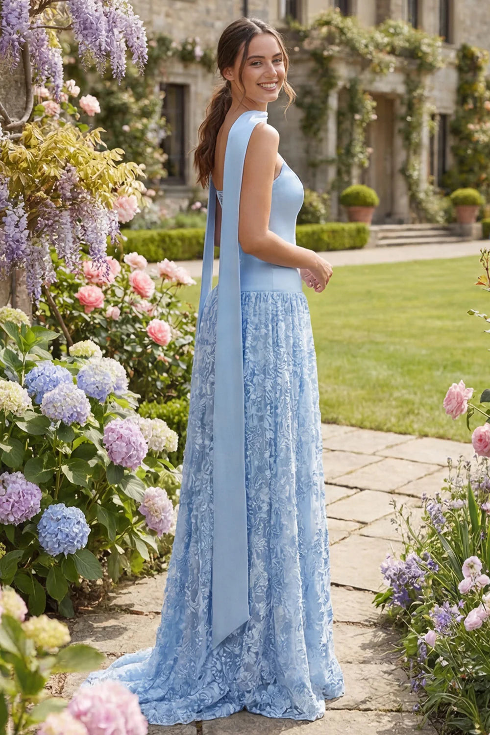 Light Blue Halter Neck Satin Bodice Floral Lace Skirt Maxi Evening Dress with Back Sashes