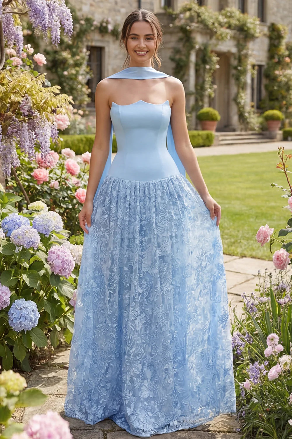 Light Blue Halter Neck Satin Bodice Floral Lace Skirt Maxi Evening Dress with Back Sashes