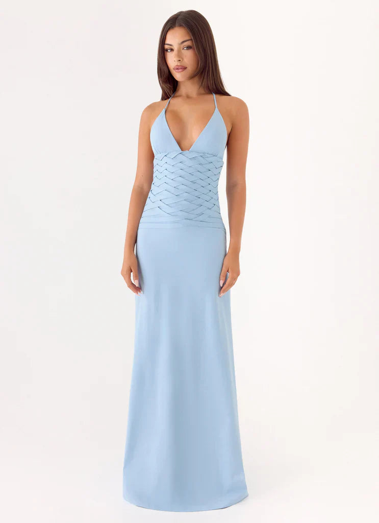 Light Blue Halter Neck Woven Waist Maxi Prom Dress For Glamorous Formal Evenings