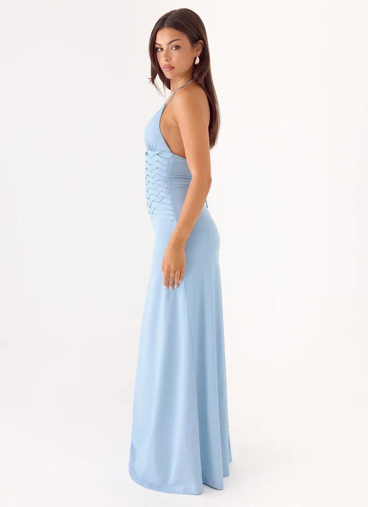 Light Blue Halter Neck Woven Waist Maxi Prom Dress For Glamorous Formal Evenings