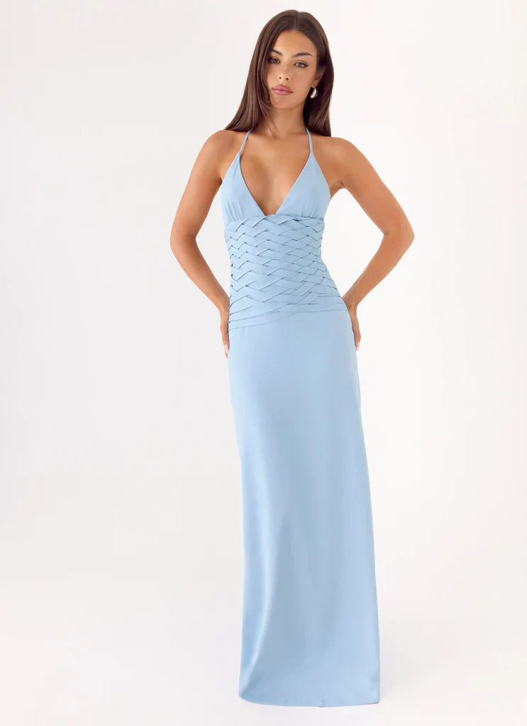 Light Blue Halter Neck Woven Waist Maxi Prom Dress For Glamorous Formal Evenings