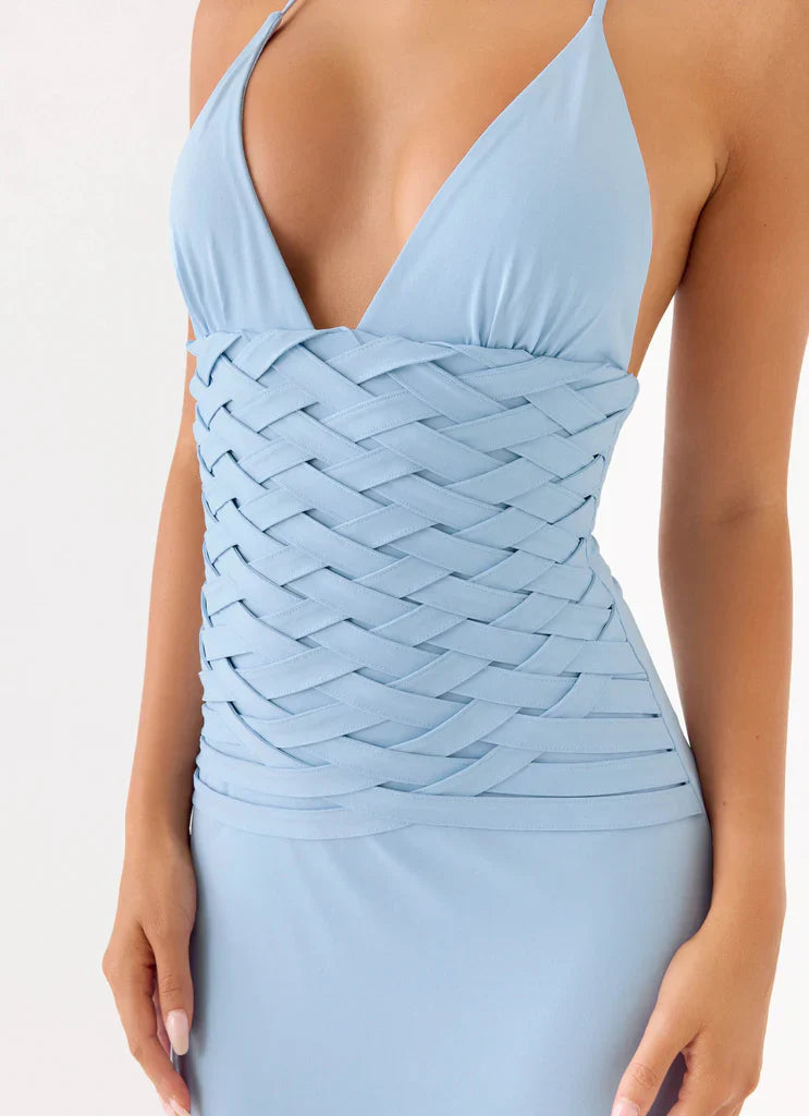 Light Blue Halter Neck Woven Waist Maxi Prom Dress For Glamorous Formal Evenings
