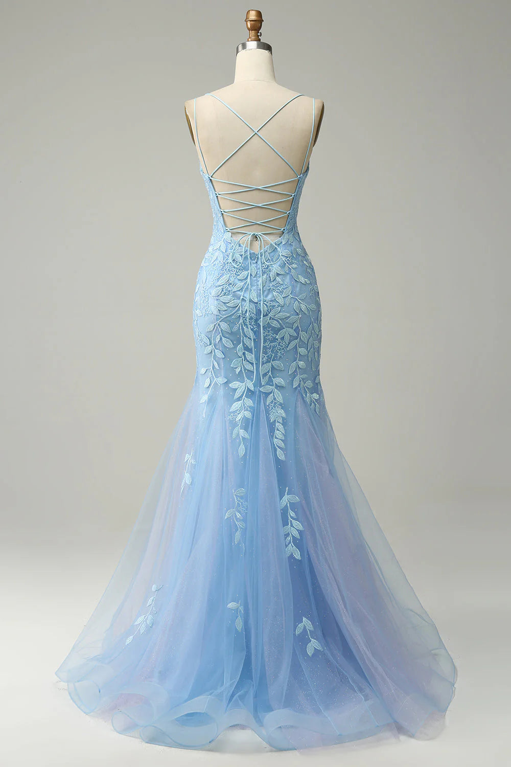 Light Blue Lace Applique Crisscross Back Mermaid Tulle Evening Dresses