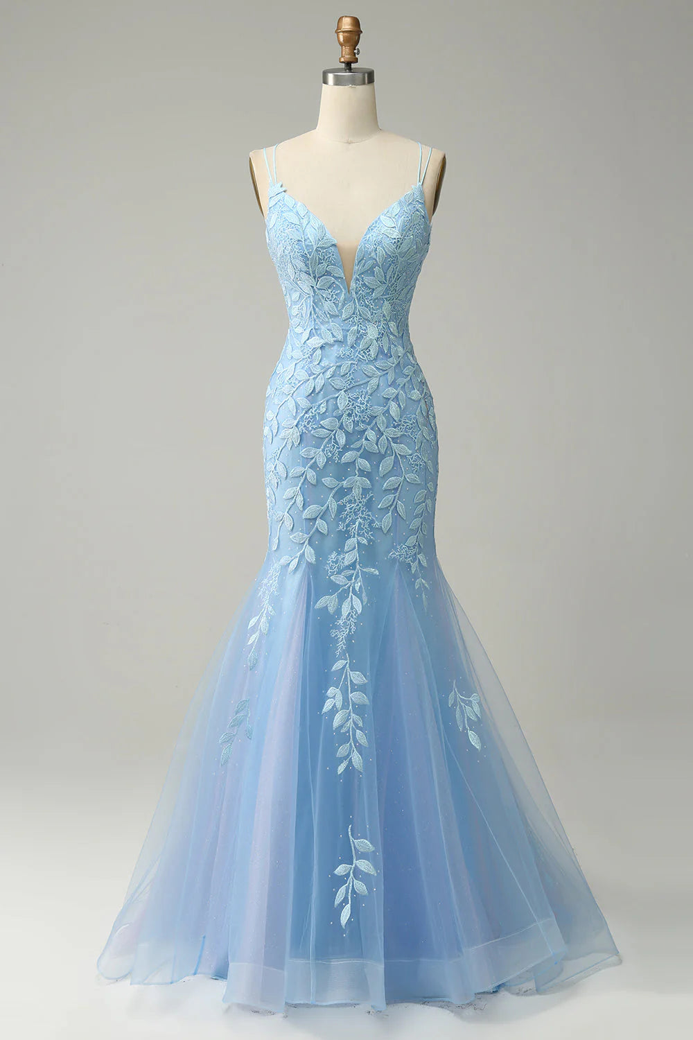 Light Blue Lace Applique Crisscross Back Mermaid Tulle Evening Dresses