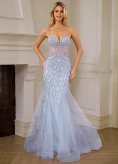 Light Blue Lace Applique Cutout Back Mermaid Evening Dresses