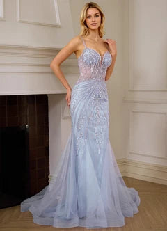 Light Blue Lace Applique Cutout Back Mermaid Evening Dresses