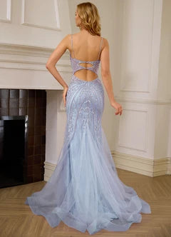 Light Blue Lace Applique Cutout Back Mermaid Evening Dresses