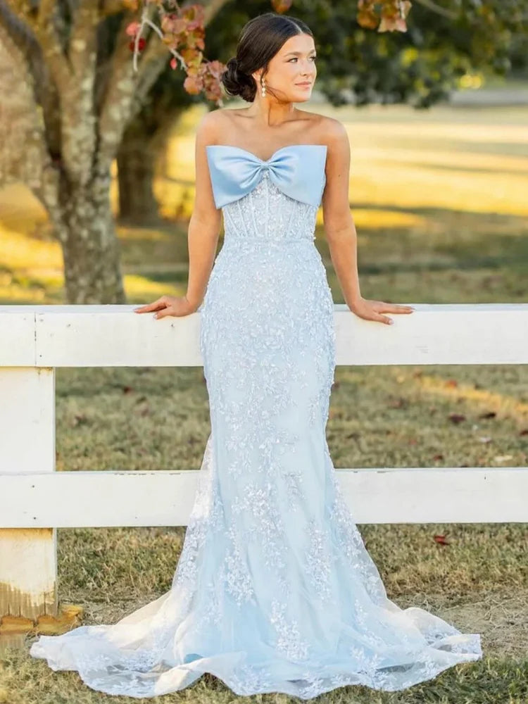 Light Blue Lace Bow Mermaid Evening Dresses