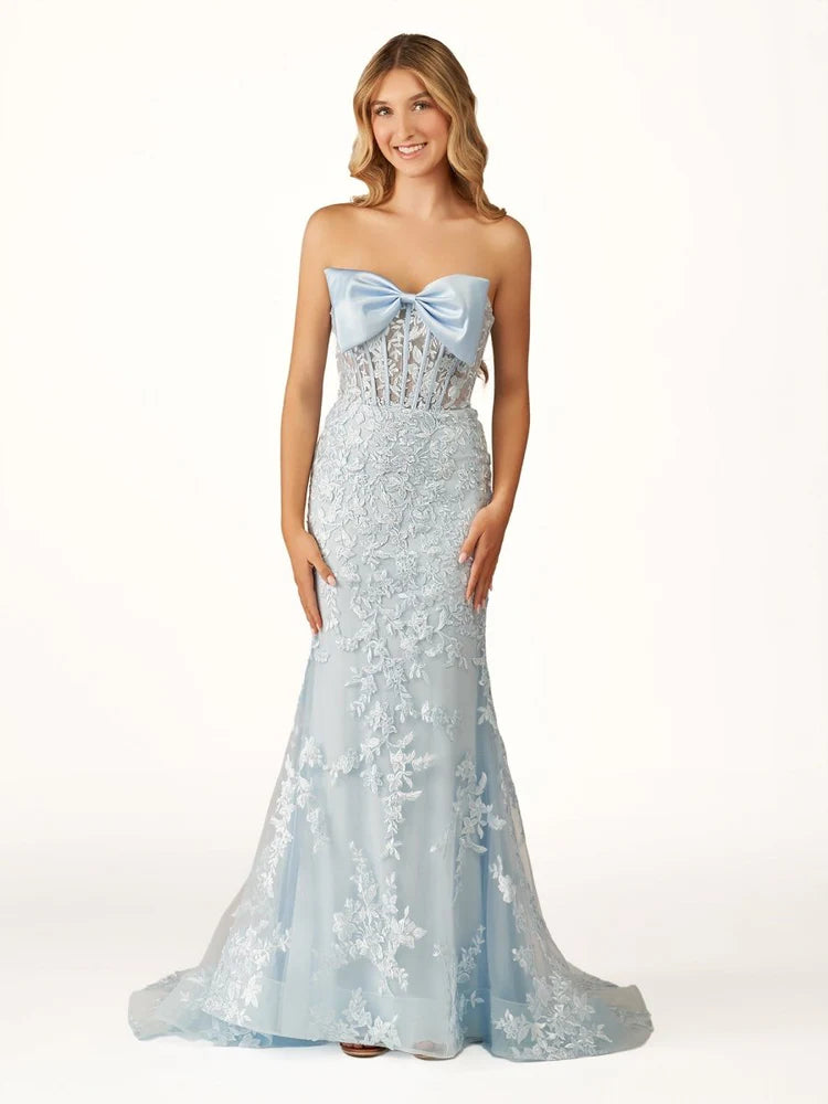 Light Blue Lace Bow Mermaid Evening Dresses