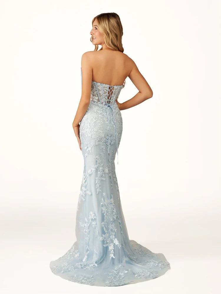 Light Blue Lace Bow Mermaid Evening Dresses