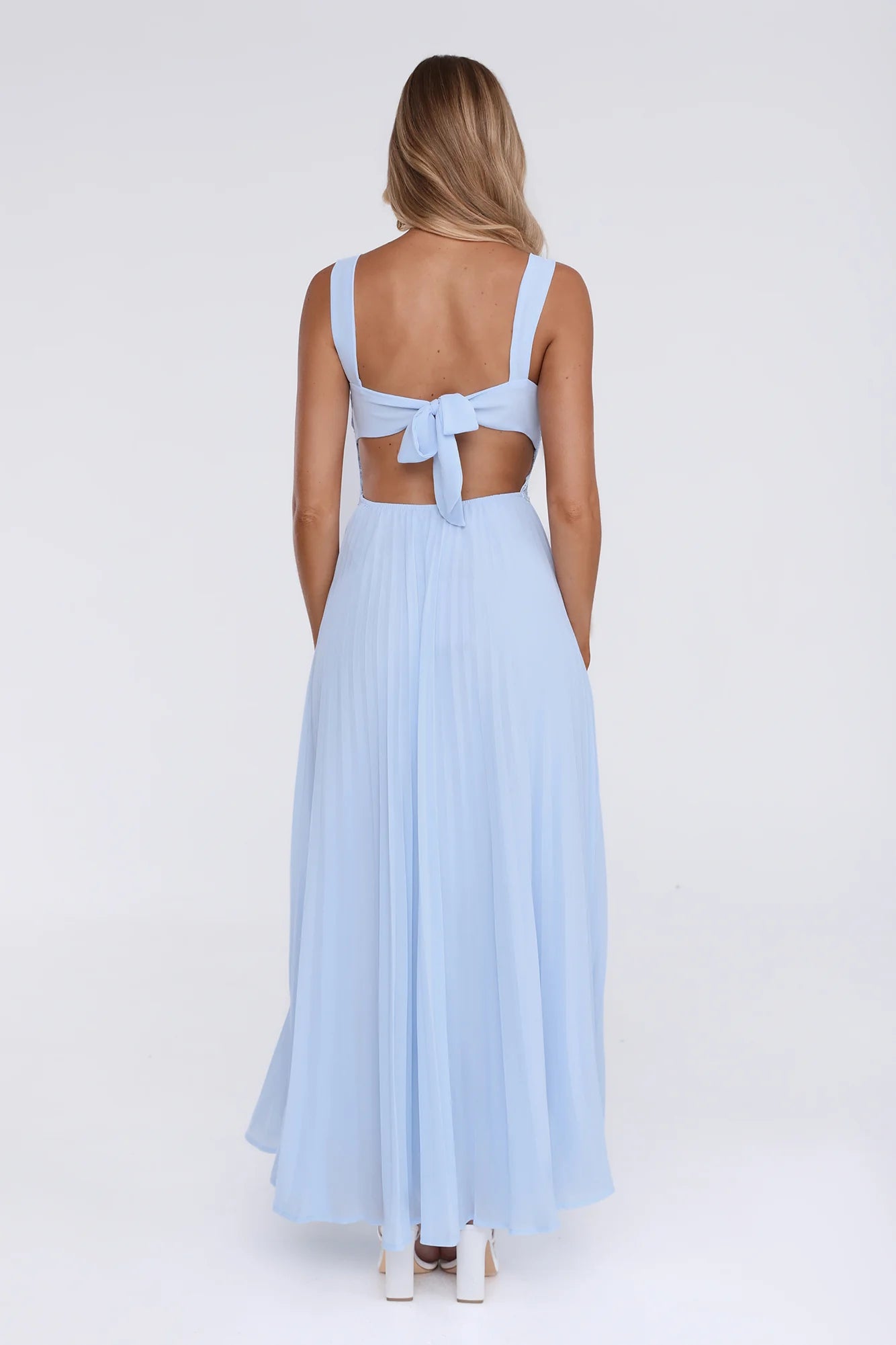 Light Blue Lace Corset Pleated Chiffon Evening Maxi Dress