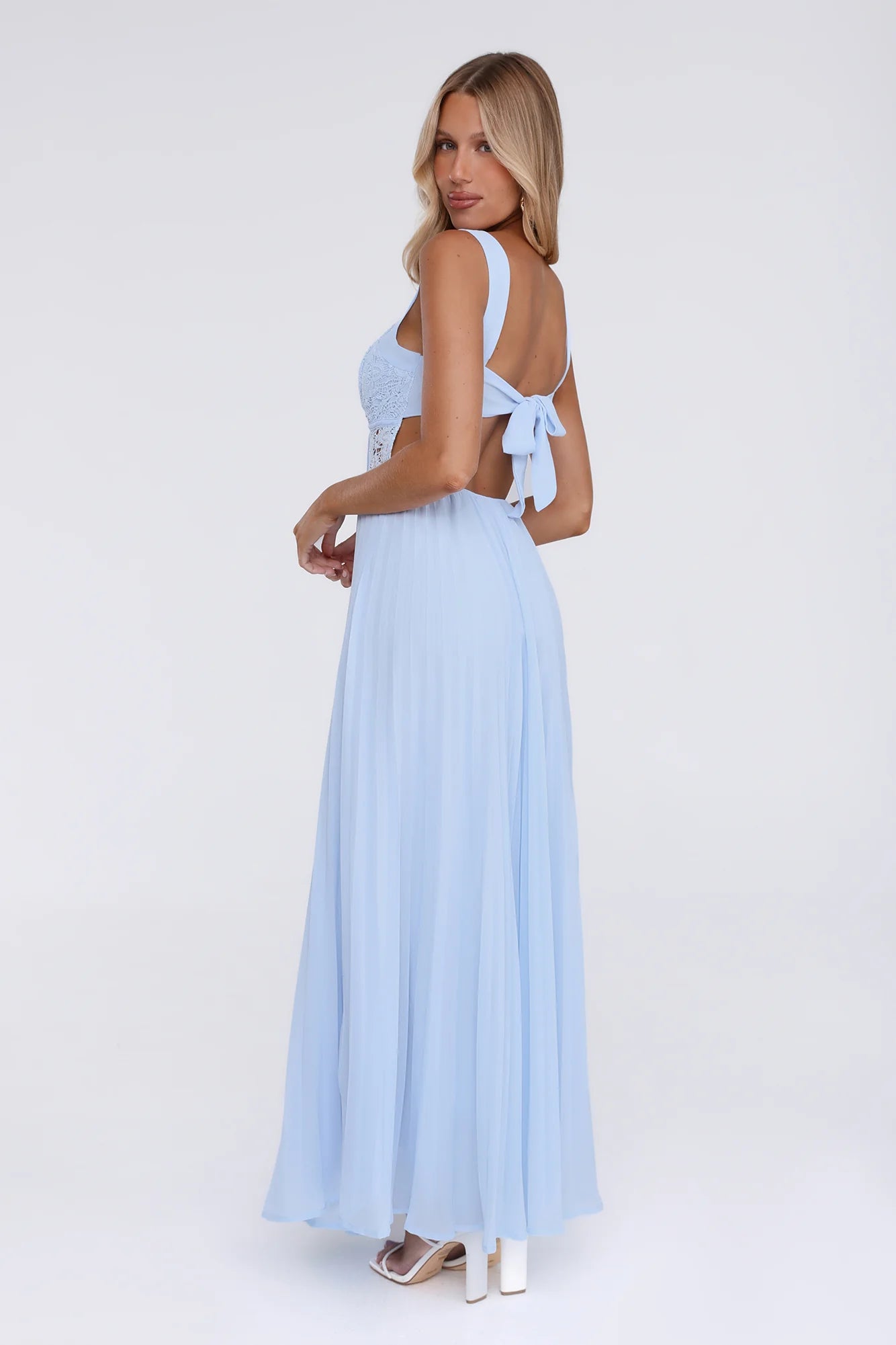 Light Blue Lace Corset Pleated Chiffon Evening Maxi Dress
