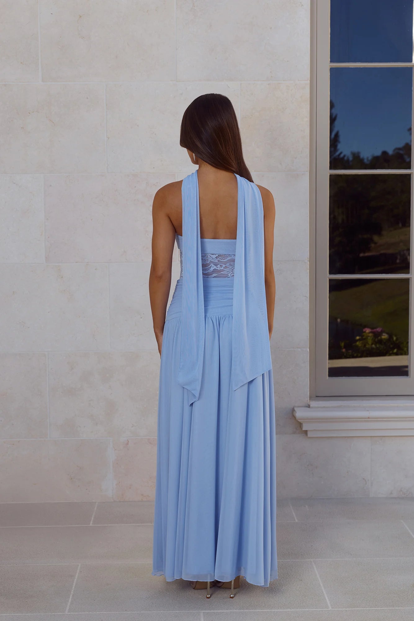 Light Blue Lace Panel Halter Neck Maxi Evening Dresses with High Slit & Draped Back Scarf