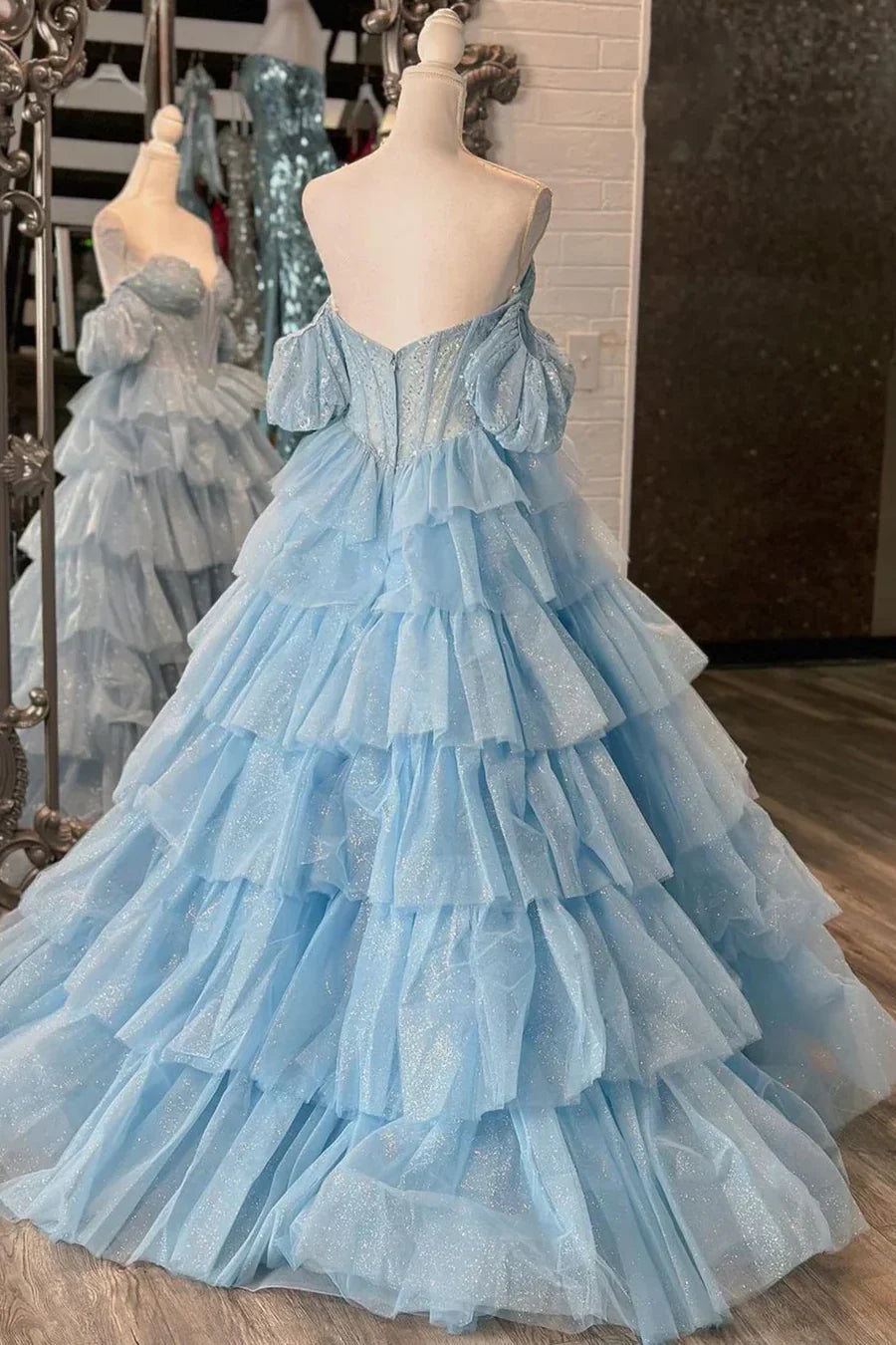 Light Blue Off-Shoulder Glitter Tulle Tiered Ruffle Ball Gown Prom Dress