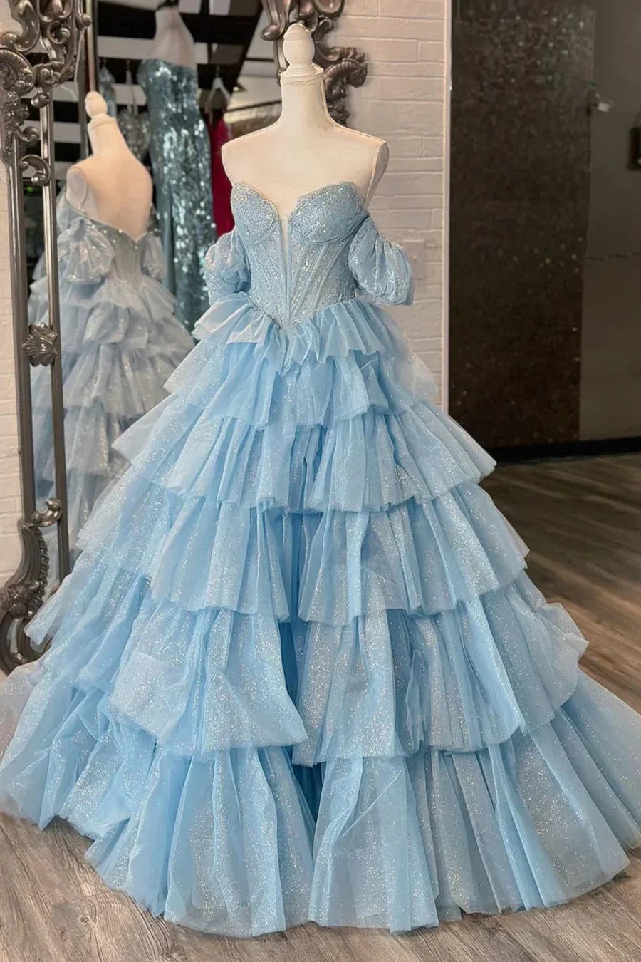 Light Blue Off-Shoulder Glitter Tulle Tiered Ruffle Ball Gown Prom Dress
