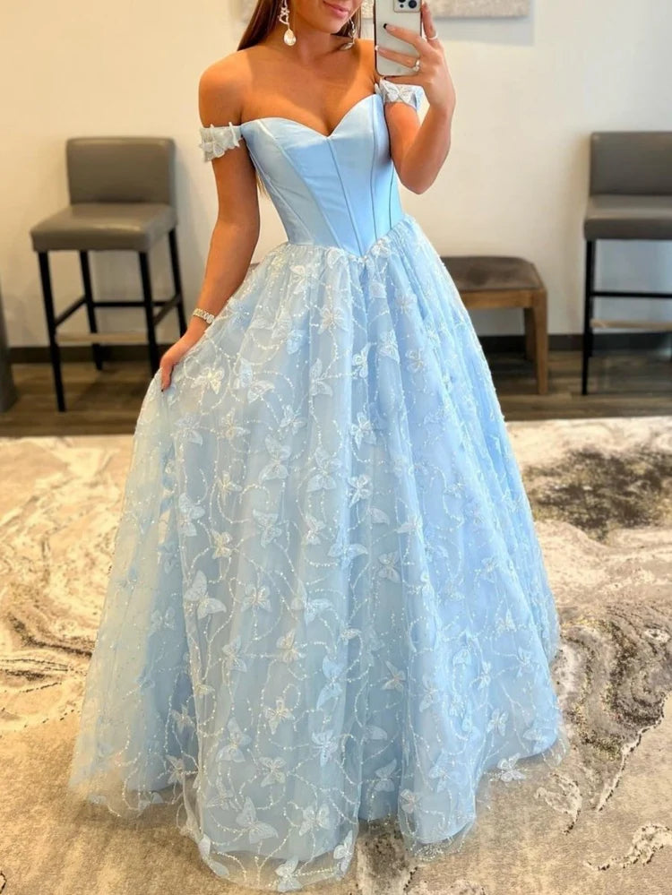 Light Blue Off-the-Shoulder Butterfly Embroidered Evening Dresses