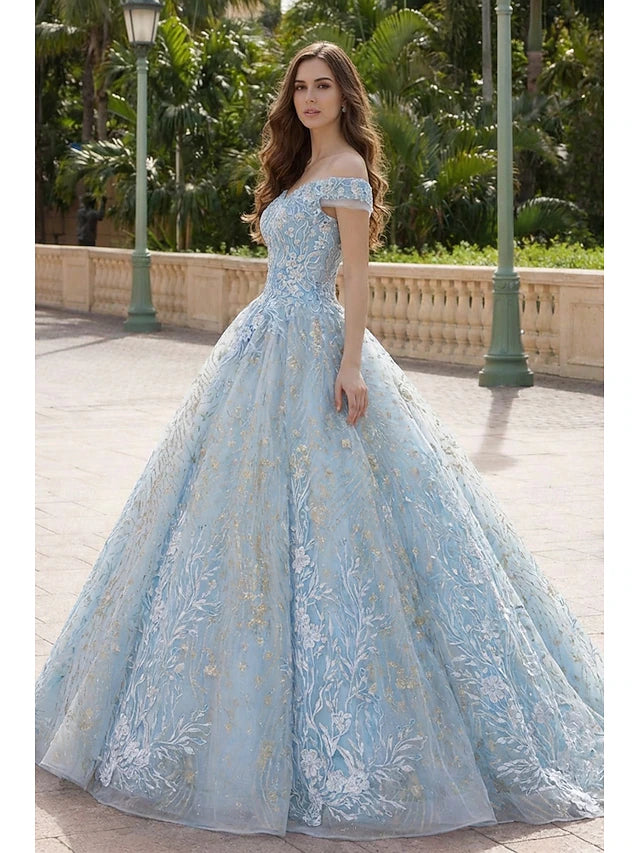 Light Blue Off-the-Shoulder Floral Embroidered Evening Dresses