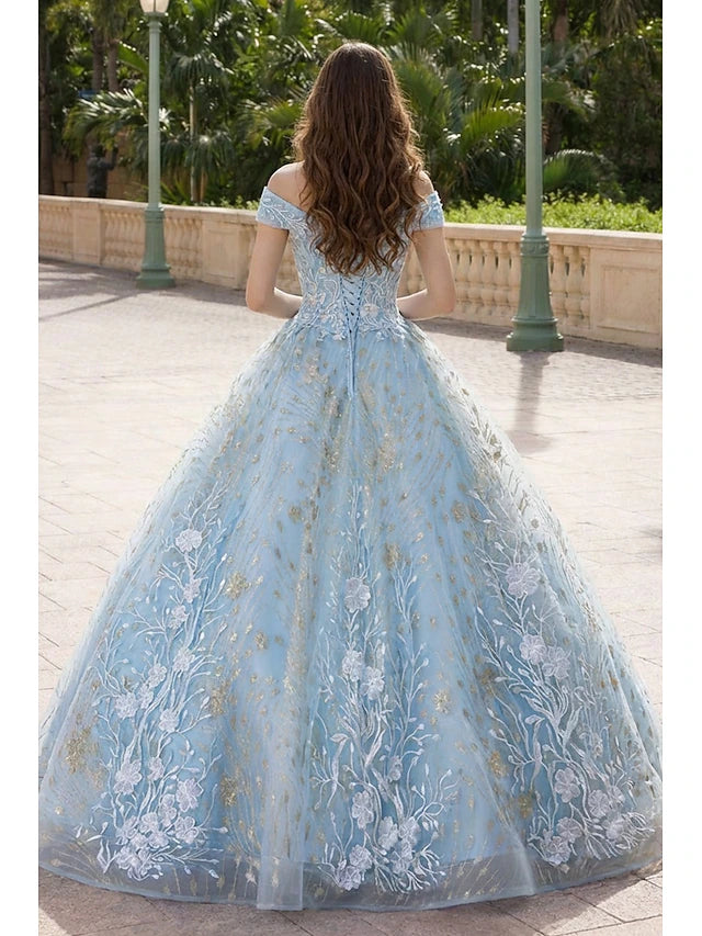 Light Blue Off-the-Shoulder Floral Embroidered Evening Dresses