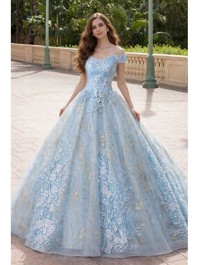 Light Blue Off-the-Shoulder Floral Embroidered Evening Dresses