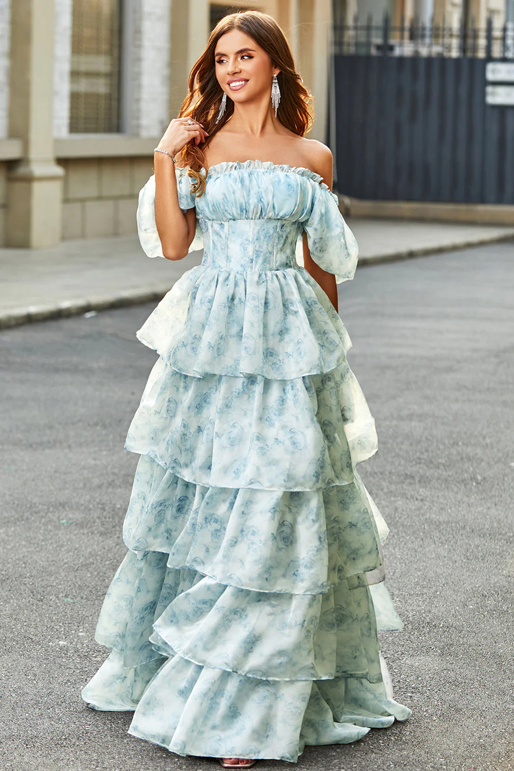 Light Blue Off-the-Shoulder Floral Print Tiered Ruffle Evening Dress