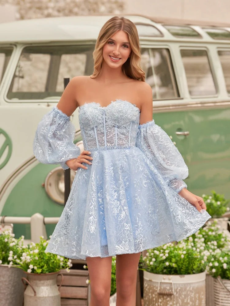 Light Blue Off-the-Shoulder Puff Sleeve Lace-Up Back Corset A-Line Mini Evening Dresses
