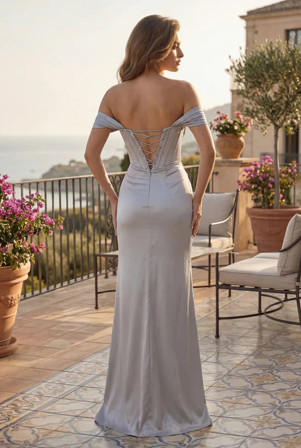 Light Blue Off-the-Shoulder Satin Corset Mermaid Evening Dres