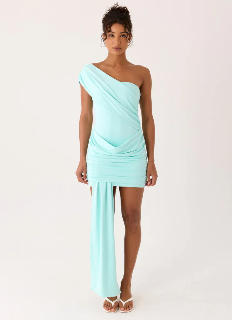 Light Blue One Shoulder Draped Ruched Tie Mini Dress For Elegant Formal Party Events