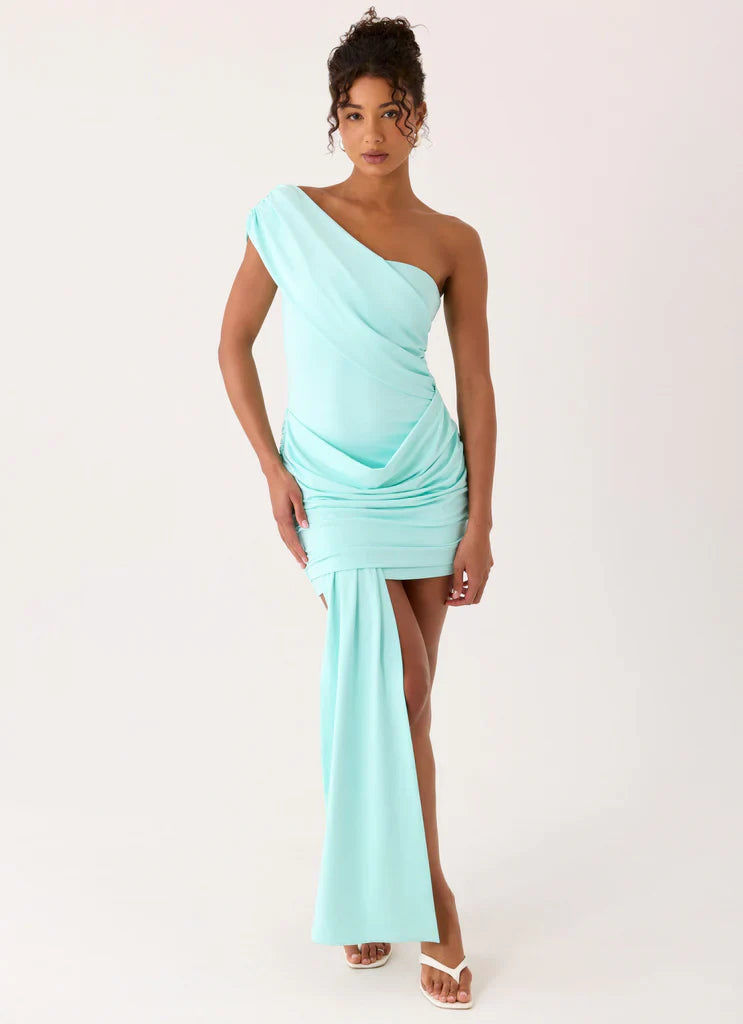 Light Blue One Shoulder Draped Ruched Tie Mini Dress For Elegant Formal Party Events