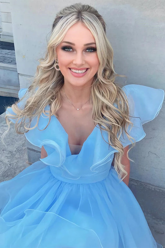 Light Blue Organza Ruffles A-Line Short Party Dress