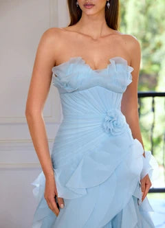 Light Blue Organza Strapless Ruffle High Low Maxi Evening Dresses