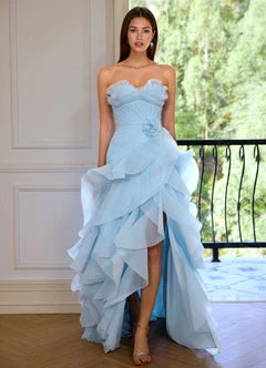 Light Blue Organza Strapless Ruffle High Low Maxi Evening Dresses
