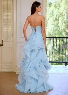 Light Blue Organza Strapless Ruffle High Low Maxi Evening Dresses
