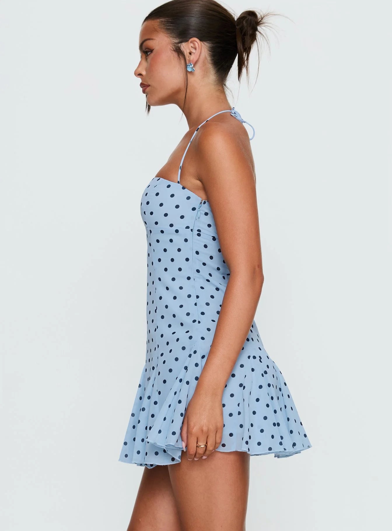 Light Blue Polka Dot Halter Neck Homecoming Dresses