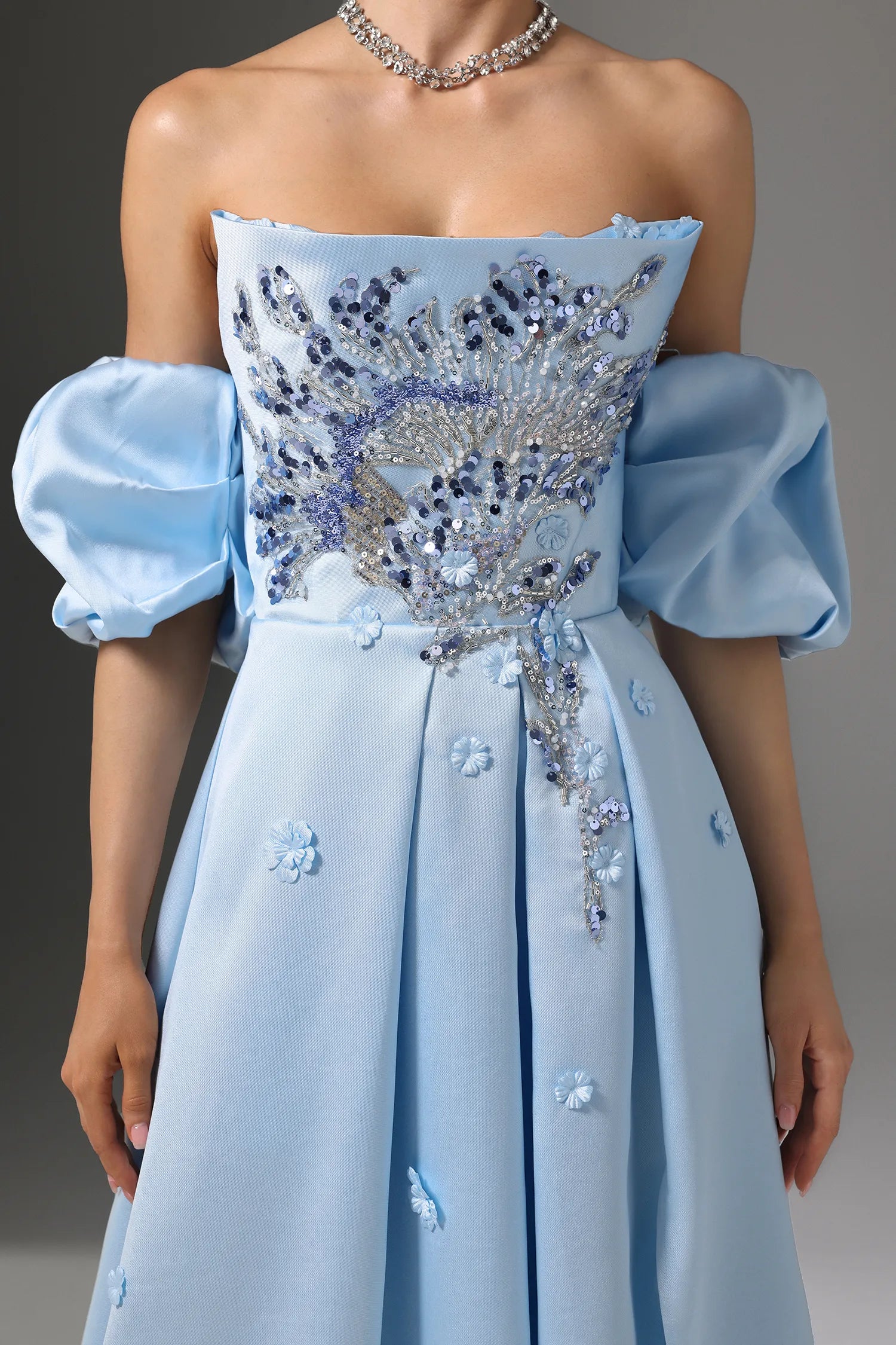 Light Blue Puff Sleeve Sequin Applique Lace-Up Back Satin Maxi Evening Dresses