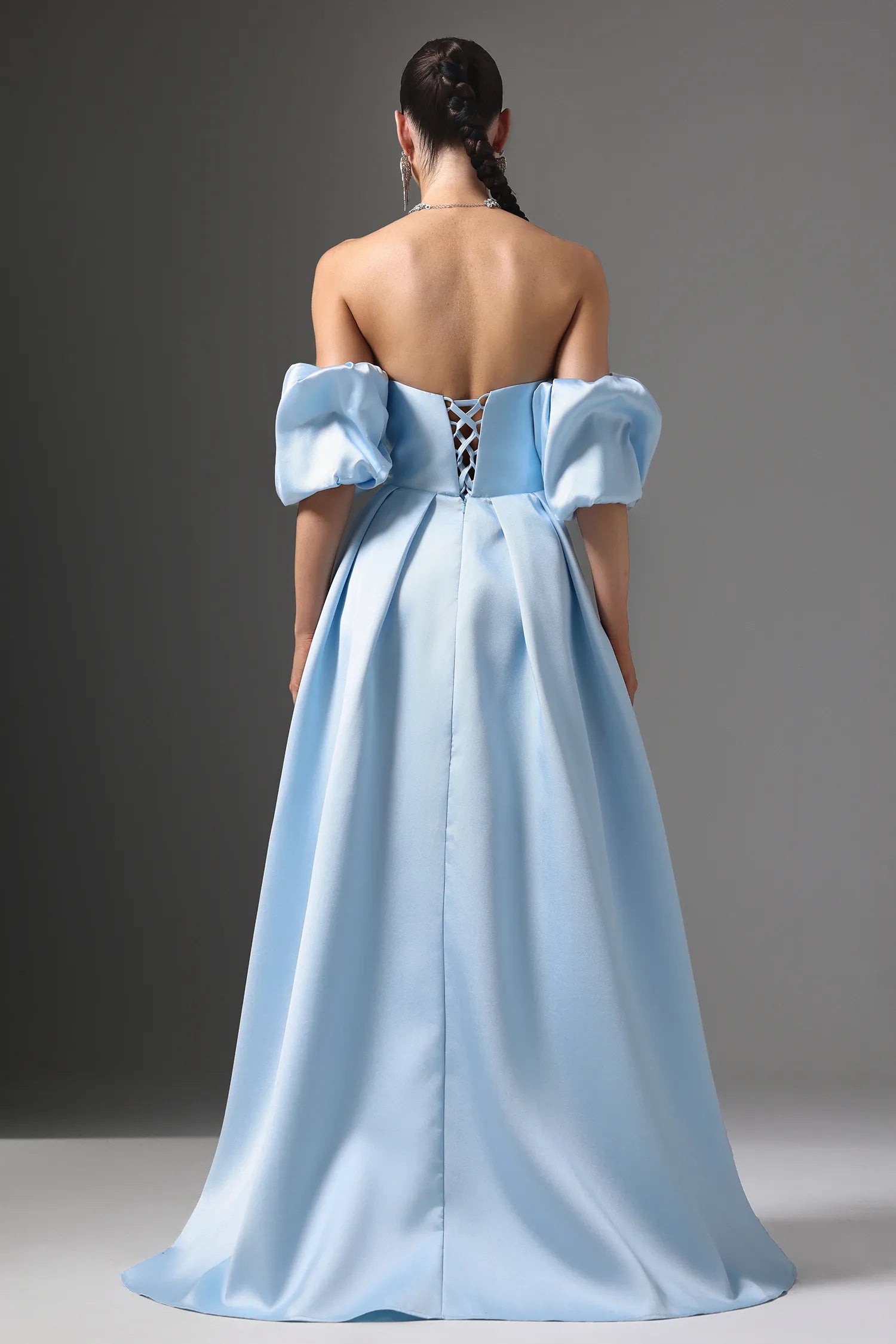 Light Blue Puff Sleeve Sequin Applique Lace-Up Back Satin Maxi Evening Dresses