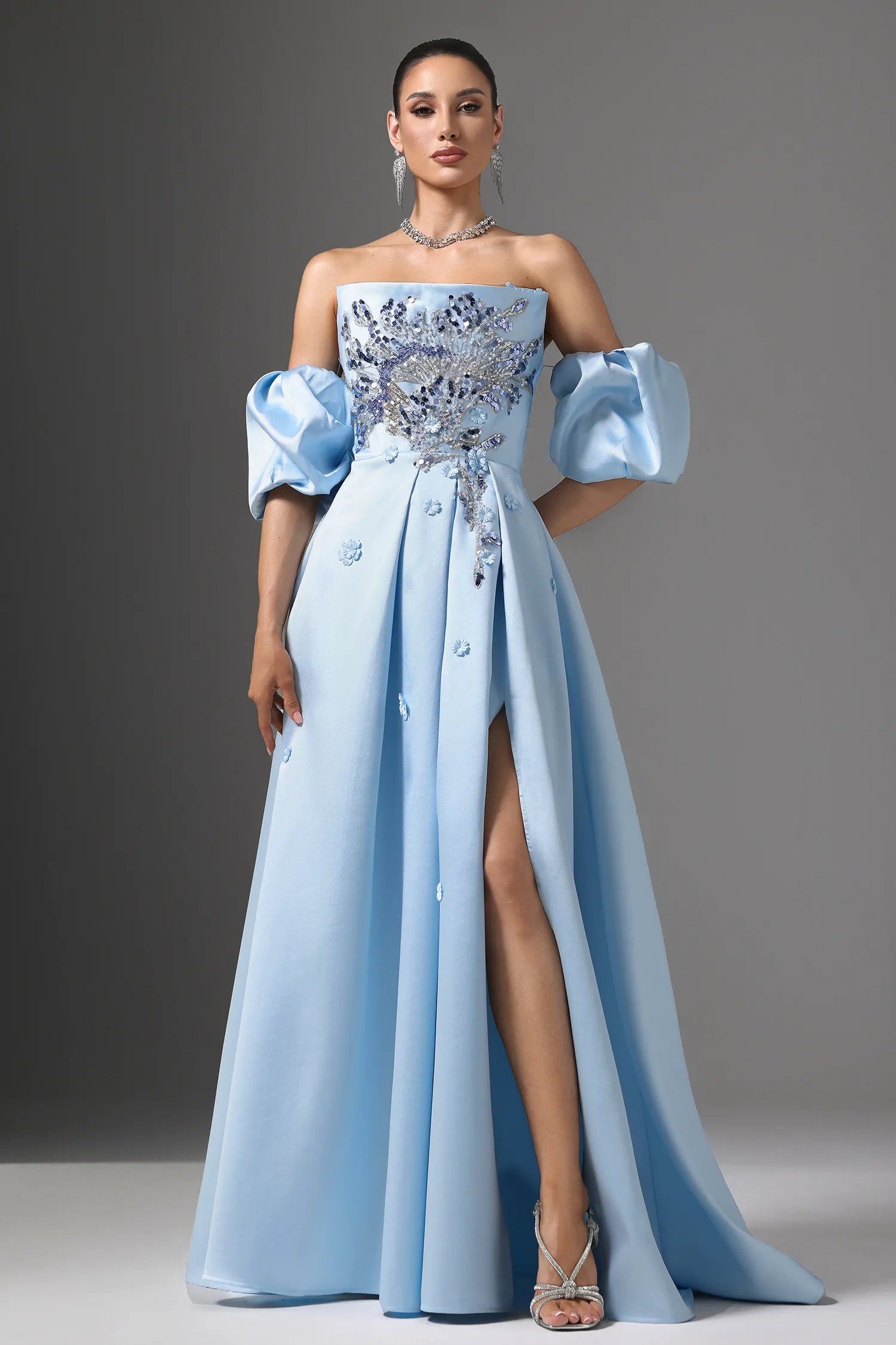 Light Blue Puff Sleeve Sequin Applique Lace-Up Back Satin Maxi Evening Dresses