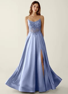 Light Blue Satin Beaded Strapless A-Line Evening Dresses