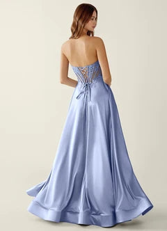 Light Blue Satin Beaded Strapless A-Line Evening Dresses