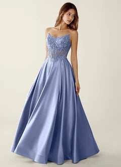 Light Blue Satin Beaded Strapless A-Line Evening Dresses