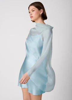 Light Blue Satin Chiffon Cape Overlay Mini Evening Dresses