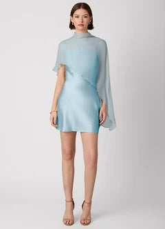 Light Blue Satin Chiffon Cape Overlay Mini Evening Dresses