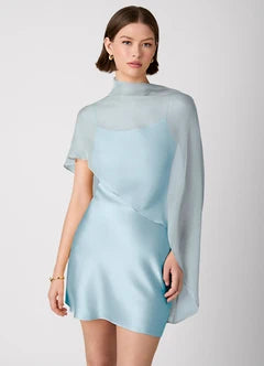 Light Blue Satin Chiffon Cape Overlay Mini Evening Dresses