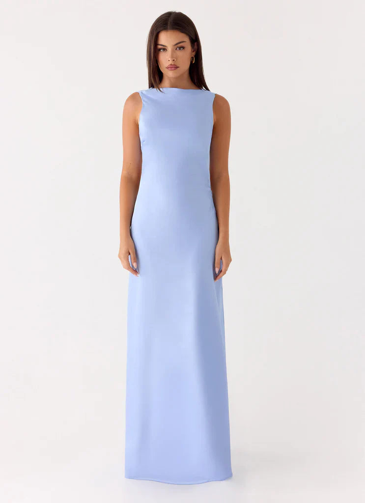 Light Blue Satin Cowl Neck Open Back Tie Detail Maxi Prom Dress for Events