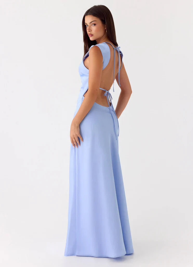 Light Blue Satin Cowl Neck Open Back Tie Detail Maxi Prom Dress for Events